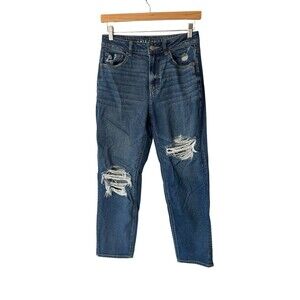 American Eagle Womens 4 Mom Straight Jean Ripped Distressed Stretch Med Wash